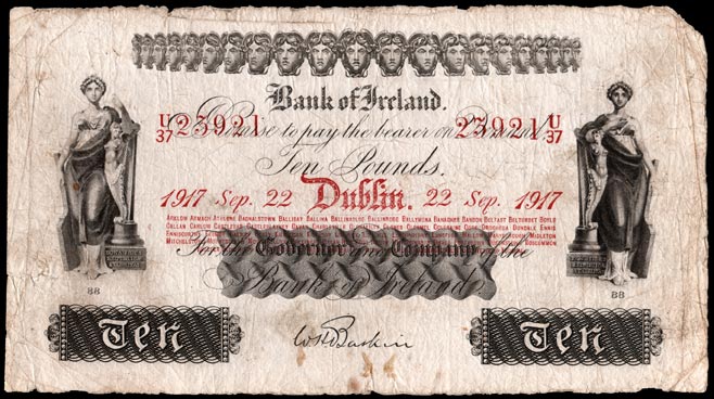 Bank of Ireland Ten Pounds 1917. Baskin signature