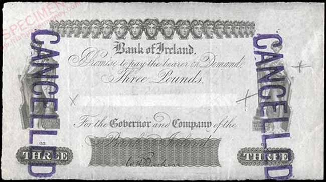 Bank of Ireland proof, Three Pounds. Baskin signature