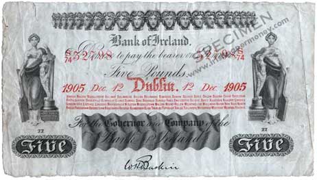 Bank of Ireland 5 Pounds 1905 Baskin signature