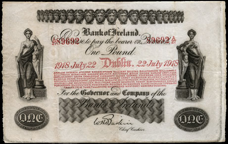 Bank of Ireland One Pound 1918. Baskin signature
