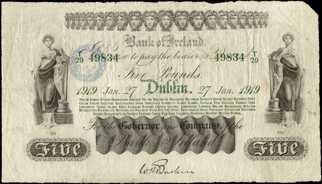 Bank of Ireland Five Pounds 1919. Baskin signature Bank branches in green