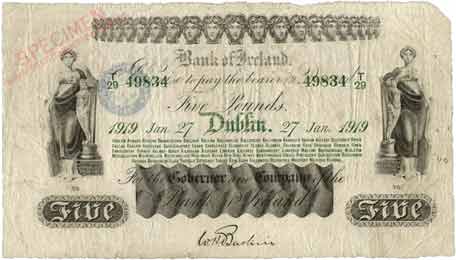 Bank of Ireland 5 pounds 1919 Baskin signature