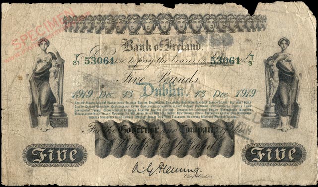 Bank of Ireland Five Pounds 1919 Fleming signature Bank branches in green