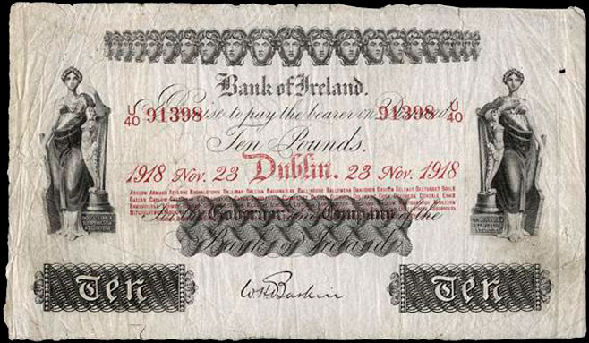 Bank of Ireland Ten Pounds 1918. Baskin
