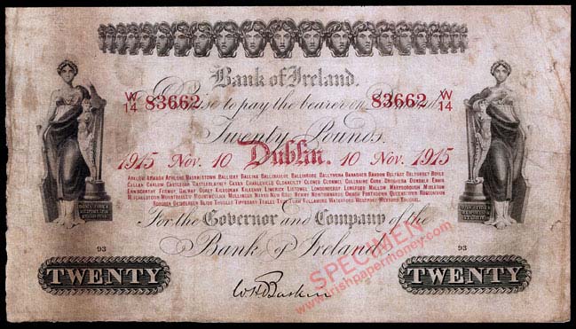 Bank of Ireland Twenty Pounds 1915. Baskin signature