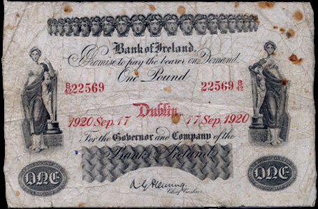 Bank of Ireland One Pound 1920. Fleming signature