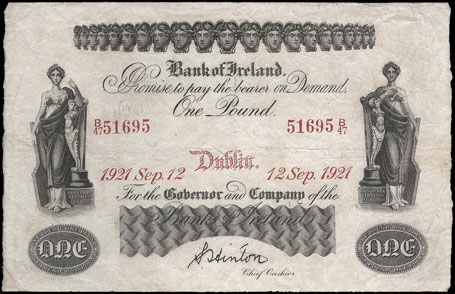 Bank of Ireland One Pound 1921. Hinton signature