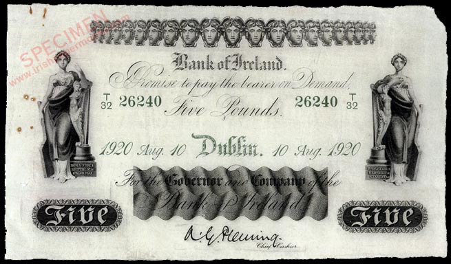 Bank of Ireland Five Pounds 1920. Fleming signature