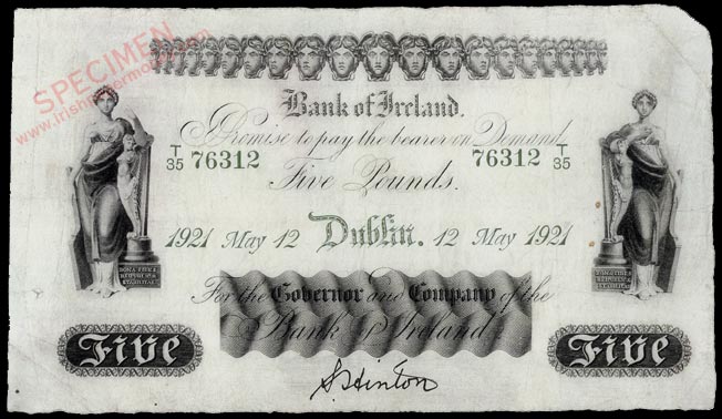 Bank of Ireland Five Pounds 1921. Hinton signature