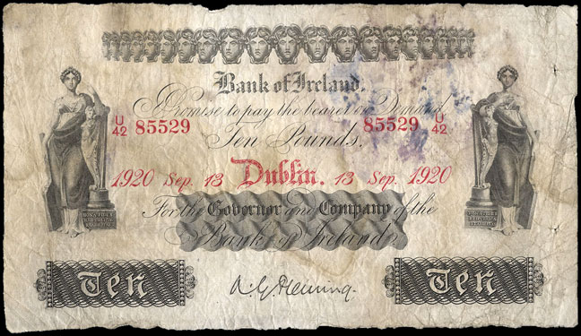 Bank of Ireland Ten Pounds 1920. Fleming signature