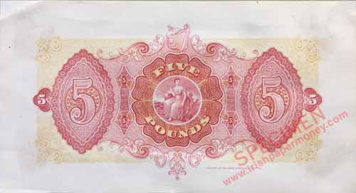Bank of Ireland 5 Pounds 1922 Specimen reverse