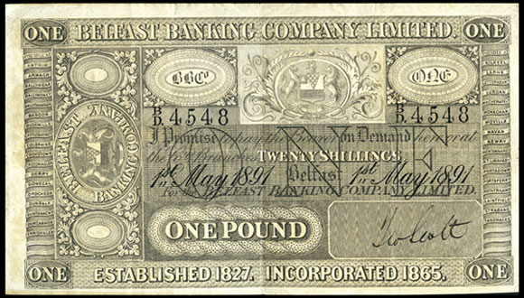 Belfast Banking Company Limited. One Pound 1891