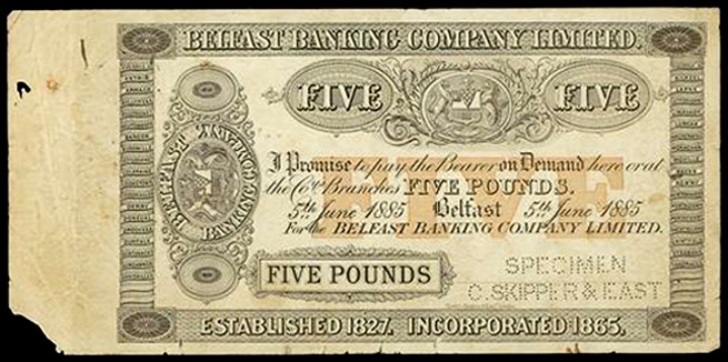 Belfast Banking Company Limited. Five Pounds 1885. Specimen