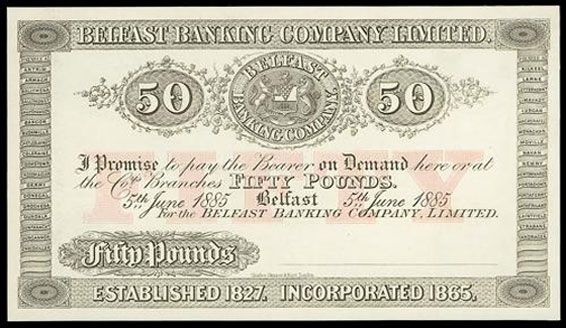 Belfast Banking Company Limited. Fifty Pounds 1885. Proof