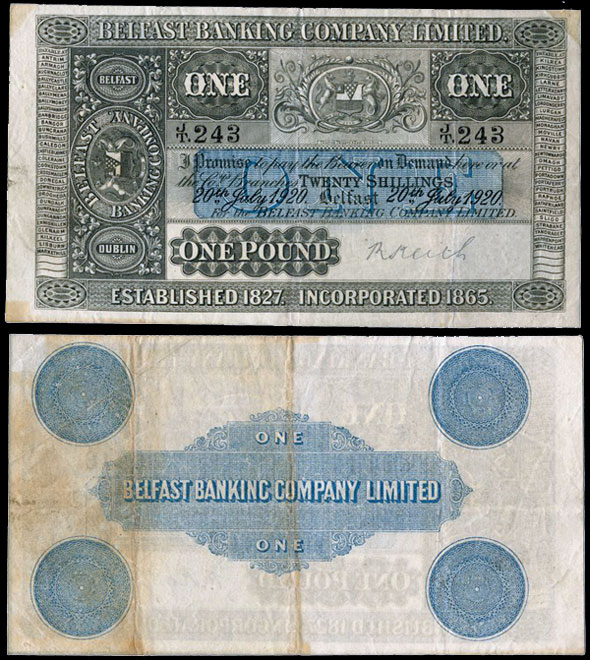 Belfast Banking Company Limited. One Pound 20th July 1920