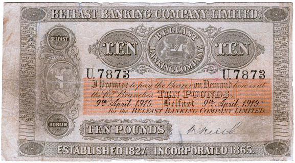 Belfast Banking Company Limited. 10 Pounds 1919