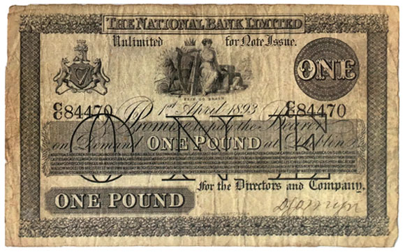 National Bank One Pound 1893 Letter over letter prefix