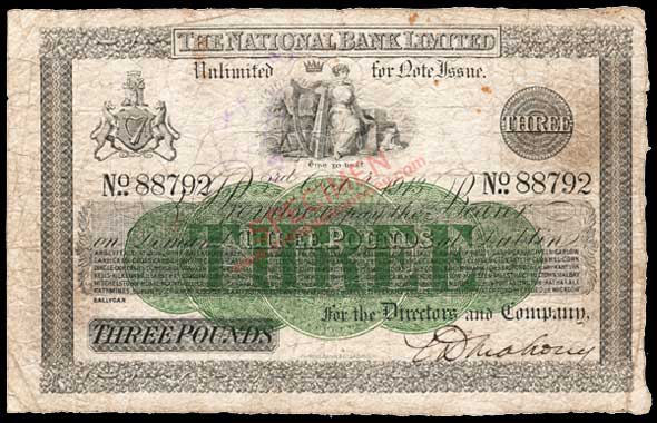 National Bank Three Pounds 1913 Ballygar branch added