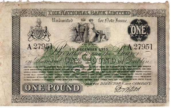 National Bank One Pound 1915 Single letter prefix