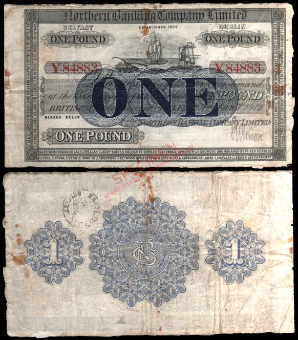 Northern Bank One Pound 1 Jan 1912, Beragh, Kells added
