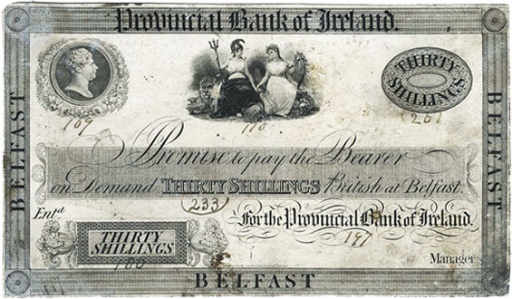 Provincial Bank of Ireland 30 Shilling note proof ca1830