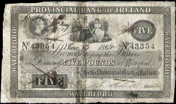 Provincial Bank of Ireland 5 Pounds 1869 All branches added in a block