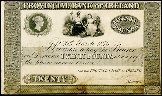 Provincial Bank of Ireland 20 Pounds 1876 proof