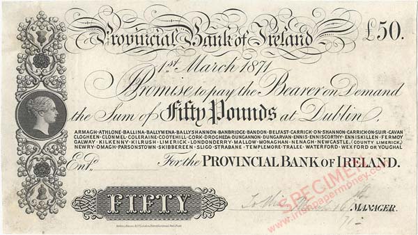 Provincial Bank of Ireland 50 Pounds 1871 proof