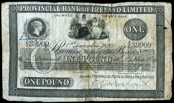Provincial Bank of Ireland One Pound 1899 Prefix A over Z