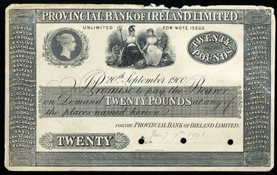 Provincial Bank of Ireland 20 Pounds 1900 proof