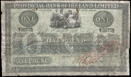 Provincial Bank of Ireland One Pound 1st Aug 1919