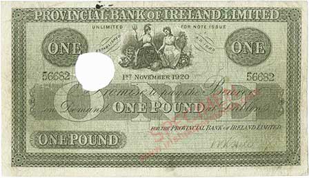 Provincial Bank of Ireland, One Pound, 1st November 1920, Signature Hill
