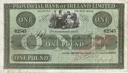 Provincial Bank of Ireland, One Pound 1920, Signature Edward (or Ward)