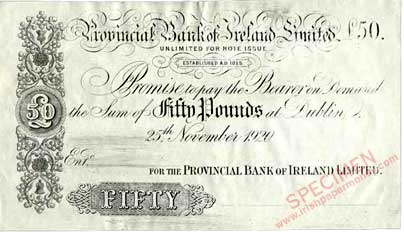 Provincial Bank of Ireland Fifty Pounds 1920 proof