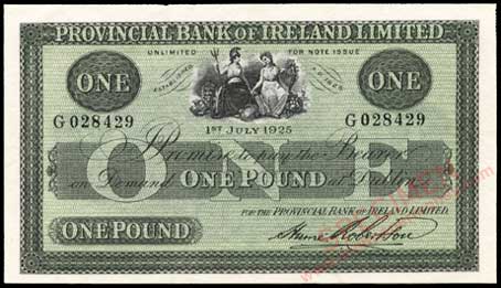 Provincial Bank of Ireland One Pound 1925 Printed signature Robertson