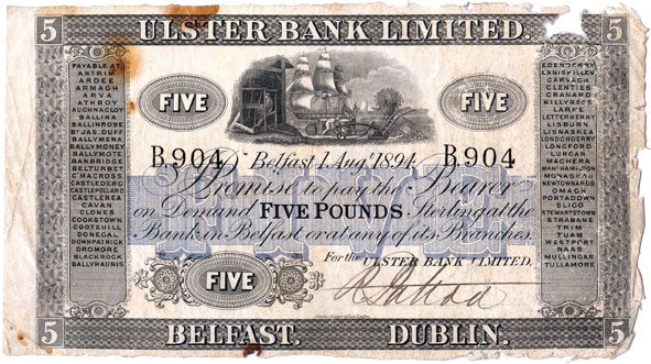 Ulster Bank Five Pounds 1894