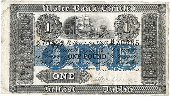 Ulster Bank Ltd One Pound 1 Jan 1914 Extra branch CLOGHER