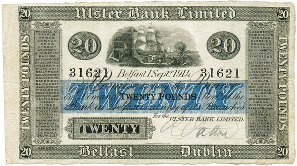 Ulster Bank Twenty Pounds, dated 1 Sept 1914