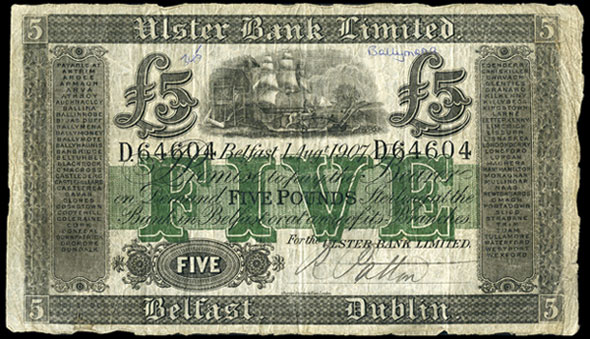 Ulster Bank Ltd 5 Pounds 1907