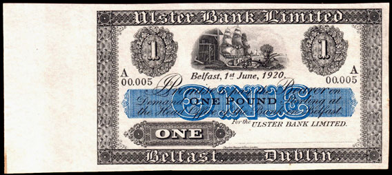 Ulster Bank One Pound specimen 1st June 1920