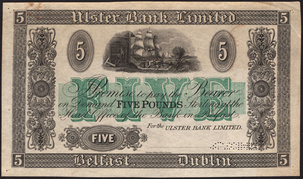 Ulster Bank Five Pounds proof with colour underprint 1920