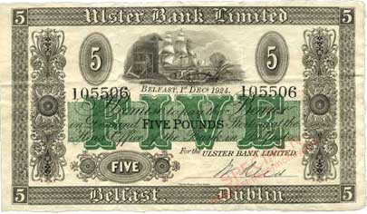Ulster Bank 5 Pounds 1924