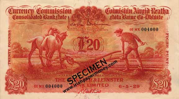 Munster and Leinster Bank 20 Pounds Ploughman 1929