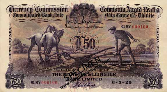 50 Pounds Ploughman Munster & Leinster Bank 1929