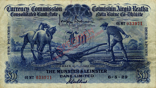 Munster and Leinster Bank Ten Pounds 1929. Gubbins
