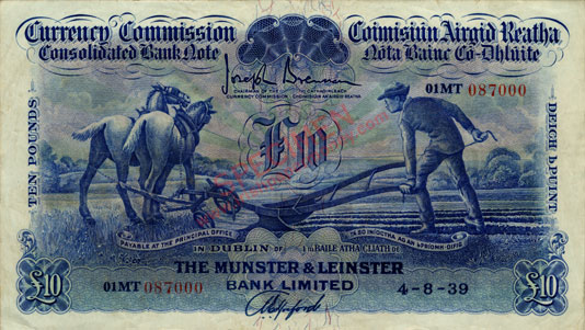 Munster and Leinster Bank 10 Pounds 1939. Hosford