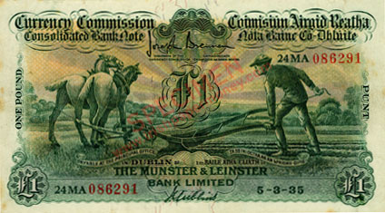 Munster & Leinster Bank One Pound Ploughman 1935. Gubbins 