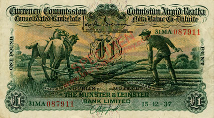 Munster & Leinster Bank One Pound Ploughman 1937. Hosford