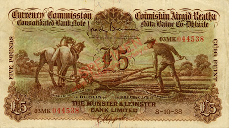 Five Pounds Munster and Leinster Bank 1938. Hosford 