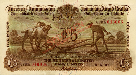 Munster and Leinster Bank 5 Pounds Ploughman 1931. Gubbins